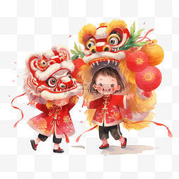 舞动背景图片_新年孩子舞动狮子卡通元素