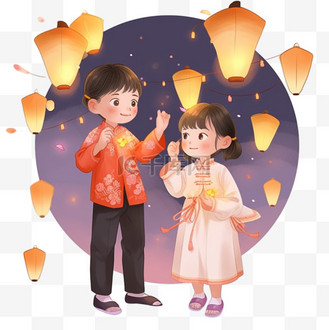 手绘中元节可爱的孩子放孔明灯元素