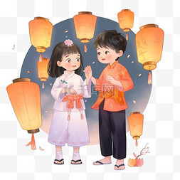 中元节可爱的孩子放孔明灯元素手