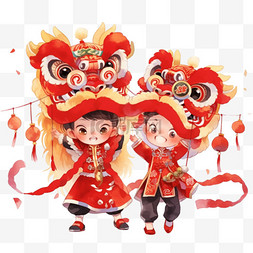 手绘舞动素材图片_新年孩子舞动狮子手绘卡通元素