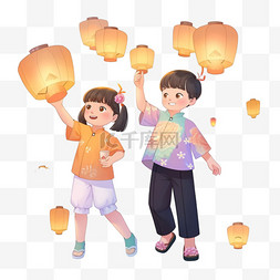 中元节手绘可爱的孩子放孔明灯卡