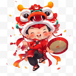 孩子敲鼓新年卡通戴着狮子帽的元