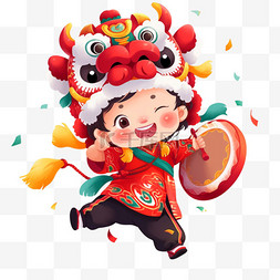 孩子敲鼓新年手绘戴着狮子帽的元