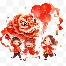 舞动背景图片_新年孩子舞动狮子元素卡通手绘