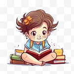 孩子们穿着校服躺着看书，看书，卡通图案回到学校的美术插图标志。