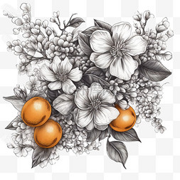 热带鲜花植物图片_咖啡树枝，有水果和鲜花，手绘插