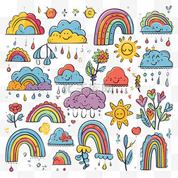 卡通云彩彩虹图片_卡通涂鸦彩虹。手绘插图集。