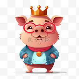 猪可爱动物图片_可爱的猪王戴眼镜卡通插图。孤立