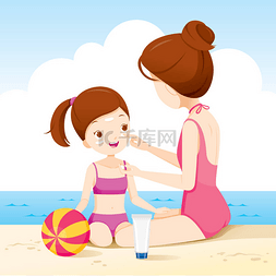 美容防晒霜图片_母亲在海滩上的女儿脸上抹防晒霜