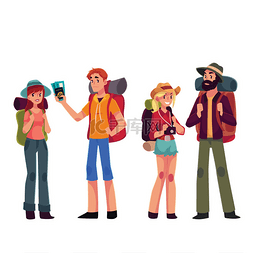 卡通背包客图片_设置的年轻男性和女性旅行背包