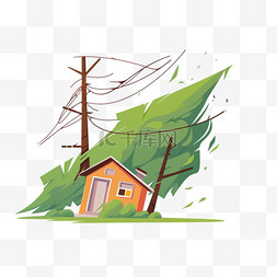 卡通手绘房子树木图片_暴风台风卷倒房屋手绘元素