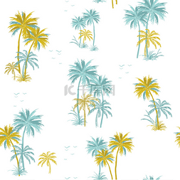 棕榈树背景手绘图片_夏天美丽无缝的岛屿图案白色背景