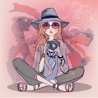 可爱的卡通女孩用相机