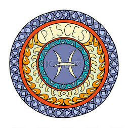 Mandala with pisces zodiac sign. Hand drawn t
