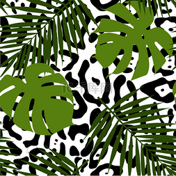热带树叶矢量图图片_热带树叶和动物皮肤无缝模式。矢