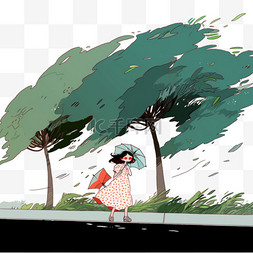 刮起大风图片_台风打伞的女孩手绘元素狂风中