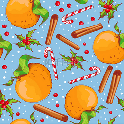 浆果矢量图片_圣诞无缝背景与糖果和橘子.