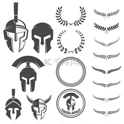 斯巴达徽章图片_一套斯巴达战士头盔和设计元素的