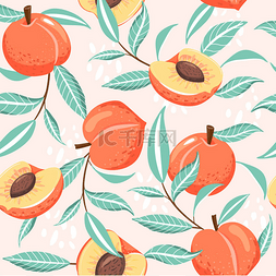 无缝图案与桃子，切片，绿叶和抽