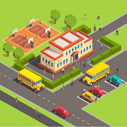 等公交车图片_Isometric school building with people