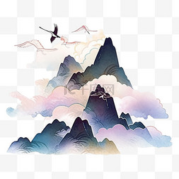 云雾缭绕绕图片_手绘山水水彩画大雁元素