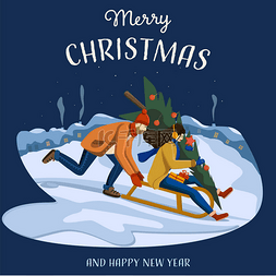圣诞树和男人图片_一个男人带着圣诞树和礼物，用雪