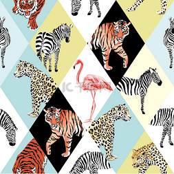 老虎图片_拼布热带动物和鸟多色背景