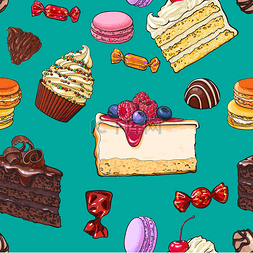 手绘甜点糖果图片_无缝模式的手绘制蛋糕、 糖果、 