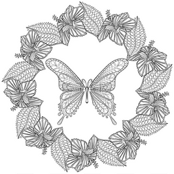 手绘 zentangle Hibiskus 花圈蝴蝶朵鲜