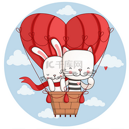 兔子和猫飞上大气球在心的形状.