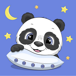 带枕头的熊猫星月蓝色背景上可爱