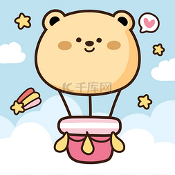 动物卡通可爱海报图片_可爱的泰迪熊气球，蓝天背景上的