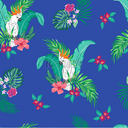萨兰尼logo图片_载体无缝植物热带模式与鹦鹉和花