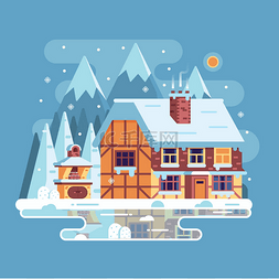 冬天的房子卡通图片_冬天山房子与烟囱