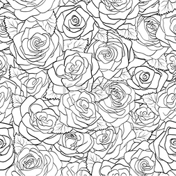 玫瑰花无缝背景图片_美丽的黑色和白色无缝图案在轮廓