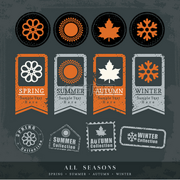 四个季节符号矢量图邮票标签 