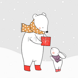 拍中图片_画白熊和兔子与礼物在雪中为圣诞