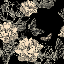 抽象绽放花朵图片_无缝模式与抽象花朵绽放和蝴蝶，