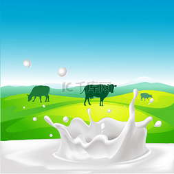 矢量与母牛，牛奶飞溅和景观设计