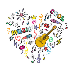吉他的心脏，音乐标志和符号。装