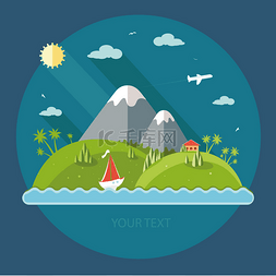 大海草山图片_自然-颜色矢量平面图标集和插图