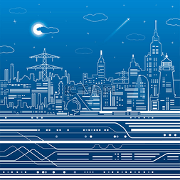 白蓝色背景图片_基础设施图，夜晚的城市，飞机飞