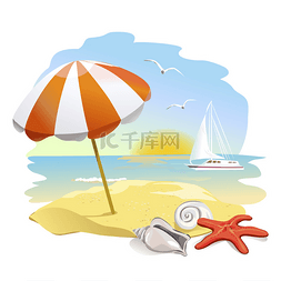 到海滩、 太阳伞和贝壳的图标