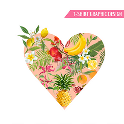 夏季水果海报图片_夏季设计与热带水果。心形与菠萝