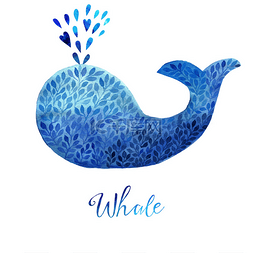 鲸水彩图片_鲸鱼的蓝色小花装饰