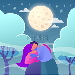 月亮下的人图片_关于爱情故事主题的浪漫矢量插图