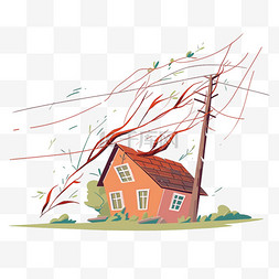 台风卡通图片_免抠台风暴风元素卷倒房屋手绘