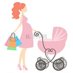 复古女人剪影图片_矢量插图现代怀孕妈妈与粉红色复