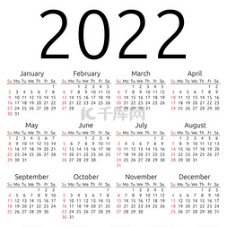 矢量日历 2022 年周日