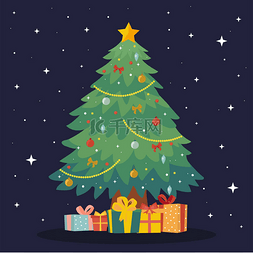 装饰圣诞树上有礼品盒、一颗星星